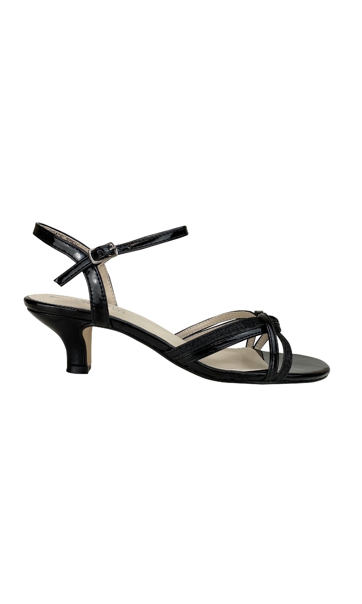 The Melanie Black Glitter Prom Shoes: Touch Ups 305 feature a 1.75-inch heel, open toe, ankle strap, and knot detail on the toe strap, shown against a white background.